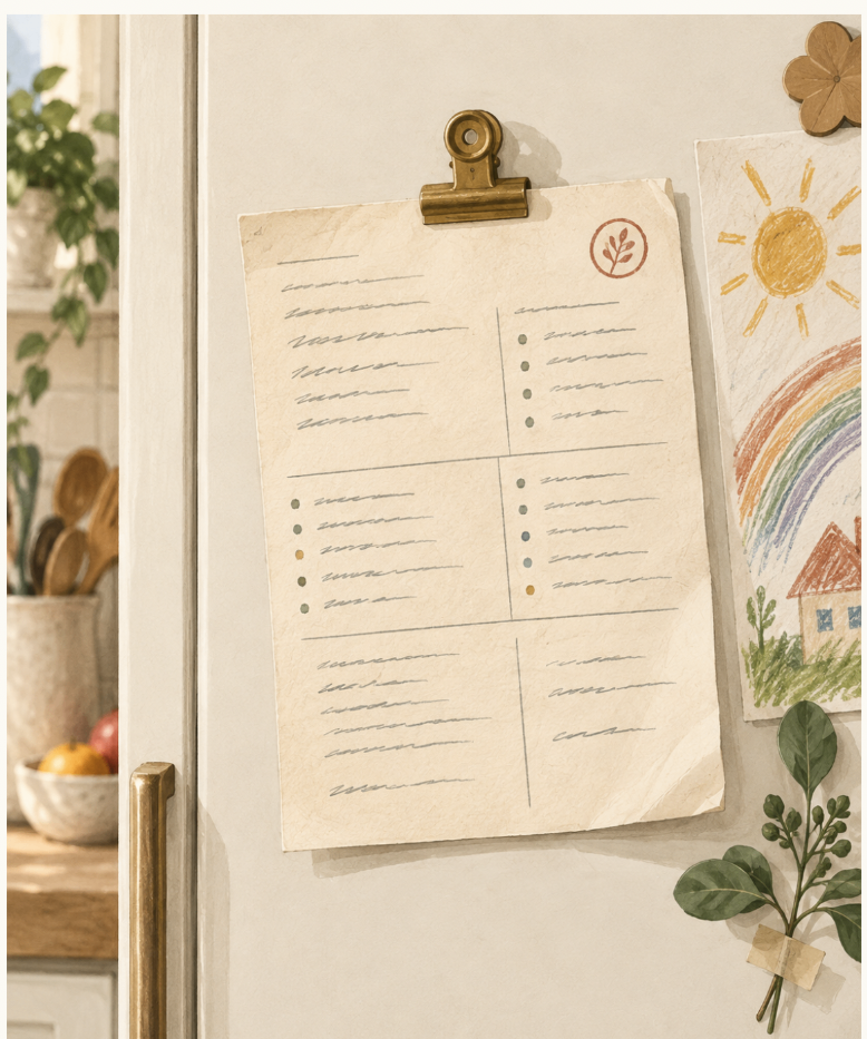 A housekind household sheet clipped to the fridge beside a child's drawing, listing what the household is carrying